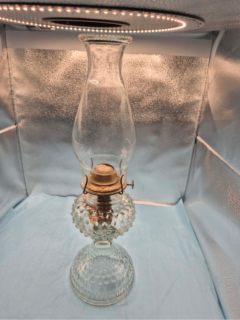 Antique Victorian EAPG Hobnail Glass Oil Lamp EAGLE Burner 19in w Chimney Sconce